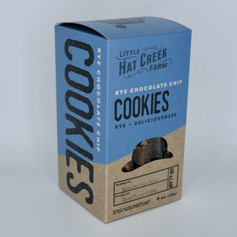 Our rye chocolate chip cookies come packaged in a box. 